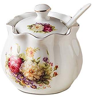 HOMSPE Ceramics - Azucarero vintage con tapa y cuchara, diseño floral rojo