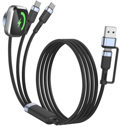 Kitbox 3-in-2 Multi Schnellladekabel mit Kabelloses Ladegerät für iWatch, USB/USBC auf USB C 60W / 10W Reise Ladekabel für iPhone 17/16/15,Samsung Galaxy, Pixel 9/8/7, Auto,usw (4FT/1.2M)