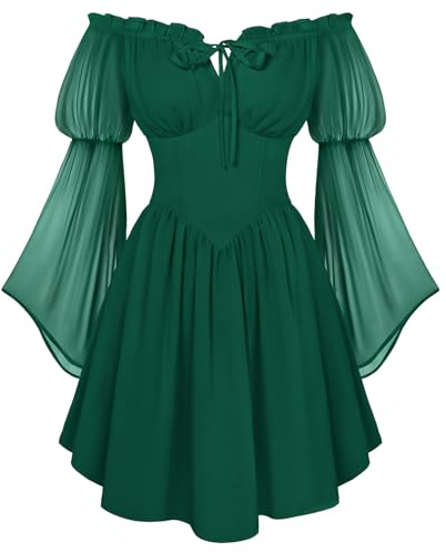 SCARLET DARKNESS Vestido de corsé renacentista para mujer, de verano, con hombros descubiertos, minivestidos de gasa de manga larga con vuelo