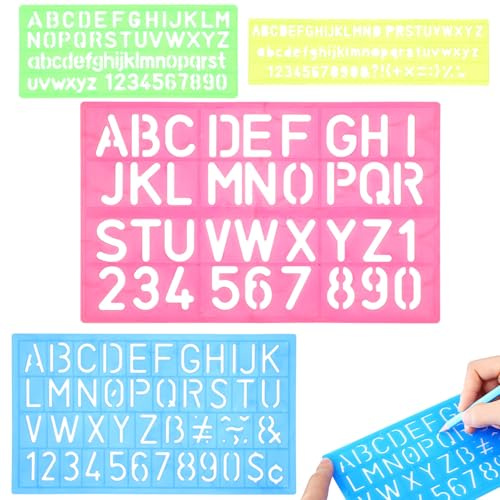HINTRMENT 4pcs Reusable Letter Stencils Set, Small DIY Washable Alphabet Templates in 4 Random Colors, Sturdy Drawing and Painting Stencils for Crafting and Wall Decoration