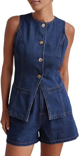 Awwertse Conjunto de 2 Piezas de Mezclilla para Mujer, Informal, de Negocios, Sin Mangas, Blazer, Chaleco, Top y Pantalones Cortos, Conjunto de Chándal Oscuro S