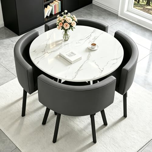 AMZSEW Essgruppe 5-Teilig, Küchenstühle Runder Esstisch und 4 Kunstleder Esszimmerstühle, Küchentisch esszimmertisch 80 cm, für 4-6 Personen, für Esszimmer, Küche, Wohnzimmer, Modern (White-1)