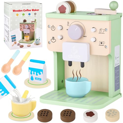 Wooden Coffee Machine Toy for Kids, Wooden Kitchen Toys Pretend Kitchen Appliances Accessories Coffee Playset Role Play, Toddler Role Play Toy for 3-5 Years Old