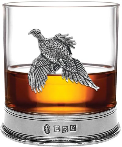 English Pewter Company Whisky Tumbler Glass with Pewter Base and Pheasant Motif [PHS104]