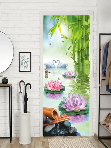 FLFK 3D Türtapete Selbstklebend TürPoster 77x200cm-Rosa Lotus Bambus landschaft Türaufkleber Abziehen und Aufkleben Mauer Aufkleber Zuhause Dekor(2 Stk/Set)