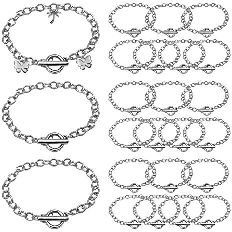 24 Pieces Silver Chain Bracelets Stainless Steel Link Bracelet with OT Toggle Clasp Jewellery Bracelet Making Chains for Women Girls DIY Charm Bracelet Chain Crafts