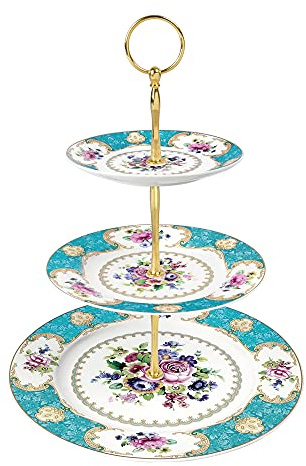 fanquare 3 Stufig Porzellan Tortenständer, Blau Blumen Vintage Cupcake Ständer, Anzeigeturm Tablett für Party, Geburtstag, Hochzeit | Dessertteller mit goldfarbenem Rand, dreistöckiger Tee-Etagere