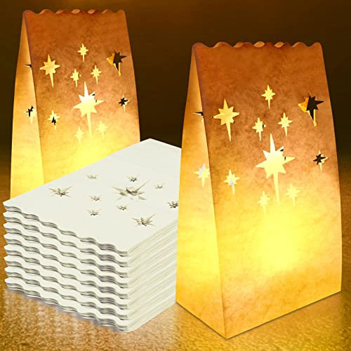 70PCS White Luminary Bags Fireworks Cutout Flame Resistant Halloween Candle Bags Paper Lantern Bags for Christmas Weddings Birthday Party Thanksgiving Decoration Use with Tealights