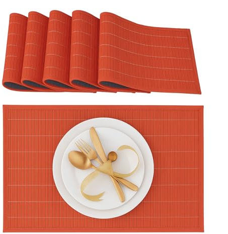 Relaxdays Tischset, 6er Set, Bambus, Stoffrand, rutschhemmend, 45x30 cm, Teller, Esstisch, eckiges Platzset, Farbwahl