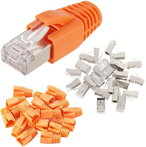 Greluma 25 Stk CAT6 Metallgeschirmte Durchgangs-RJ45-Steckverbinder Modulare Steckerenden – FTP 8P8C-Netzwerkkabel-Crimp-Ethernet-Steckverbinder (Drahtloch 1,2 mm) mit CAT6-Zugentlastung-Schuhen