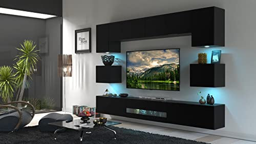 Furnitech Wohnwand Wohnzimmer - Wohnzimmer Möbel mit LED Weiß - Hängend Wohnwand Modern - Wohnzimmer Schrankwand mit Regale und TV Schrank (Besta DAN1-17B-M7-1B Matt)