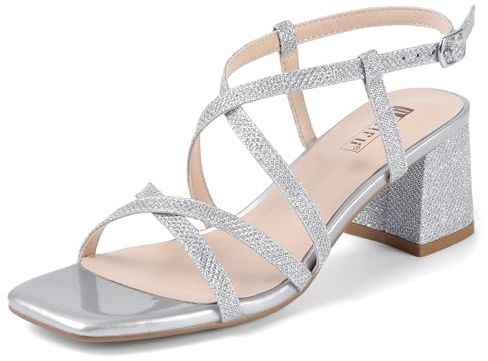 IDIFU Silver Strappy Heels Chunky Block Square Toe Sparkly Wedding Prom Bride Dress Shoes for Women Trendy Dressy Cute Sandals Slingback Low Short Heels(Silver Glitter, 7)