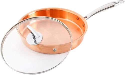 Sartén de cobre con tapa de cristal - Juego de sartenes antiadherentes de 22 cm, mango frío, de cobre macizo, tapa incluida, ideal para cocinar y freír (con tapa de 28 cm)
