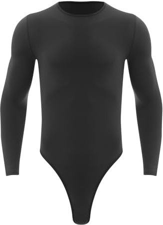 Linjinx Herren Langarm Hemdbody Slim Fit Sportbody Einteiler Bodysuit Overall Druckknöpfe Stringbody Fitness Body Muskelhemd Body Shaper Unterwäsche Schwarz L