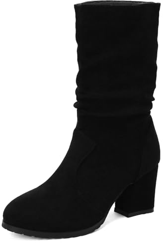 Klarmar Femme Suède Mi-Mollet Boot Bout Rond Slouch Bottes Courtes Décontractée Block Bottes Rétro Noir Taille 35 EU