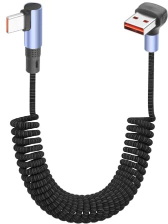 YACSEJAO Cavo USB C a spirale da 100 W, 90 gradi, 1,5 m, retrattile, da USB A a USB C, 6 A, ricarica rapida in nylon, connettore reversibile per telefono, auto (angolo retto)