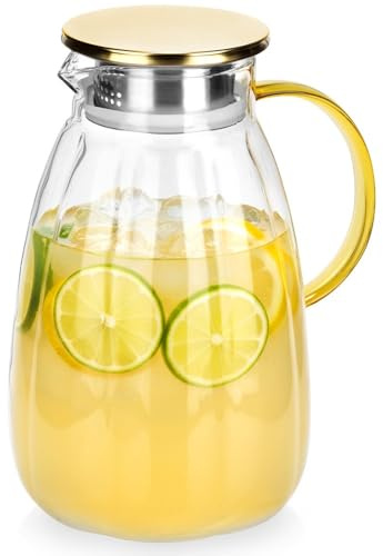 Vilde Glaskrug 2,2L mit Deckel geriffeltes Glas rechteckig Wasserkaraffe | Griff schmal für Kühlschrank Saft Limonade Eistee