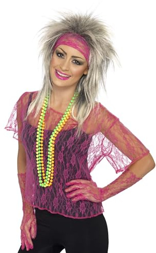 Smiffys Lace Net Vest, Gloves & Headband, Neon Pink , 1980's Fancy Dress, 1980s Dress Up Accessories Halloween