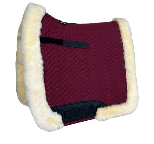 Engel Reitsport SCHABRA3-D-BOR-MED Lammfell Dressur Schabracke | fully lined, Fellkranz rundherum, robuster Baumwoll Steppstoff, Dressur, Stoff bordeauxrot Fell med.