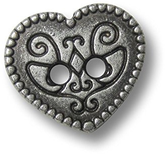 8er Set reizende altsilberfarbene Zweiloch Metall Knöpfe in Herz Form mit verspieltem Muster/altsilber, geschwärzt/Metallknöpfe/Ø ca. 14x16mm