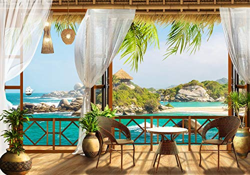 wandmotiv24 Fototapete Tropical Meer-blick Balkon, XL 350 x 245 cm - 7 Teile, Wanddeko, Wandbild, Wandtapete, Palmen,Strand, Bambus M1231