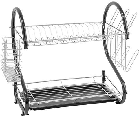 SQ Professional Durane 2 Tier Dish Drainer Aluminium dish drying rack With Glass Holder & Drip Tray Dish rack for Kitchen Countertop Utensil and Cup Holder (Black)