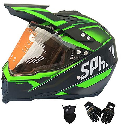 Casque Enduro VTT Homme, Noir et Vert, Casque Motocross avec Visiere Gants Masque, Casque Cross Integral Adulte Set de Casque Moto pour Velo Quad ATV Downhill Scooter,S