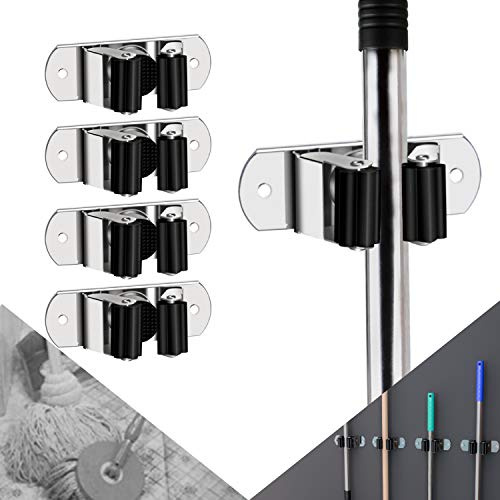 CWOVRS Broom Mop Holder Wall Mounted, 4 Pack Heavy Duty Mop Broom Storage | Stainless Steel Broom Wall Organizer, Garage Tool Hanger Mop Broom Holder Rack for Kitchen Bathroom Garden Laundry - Black