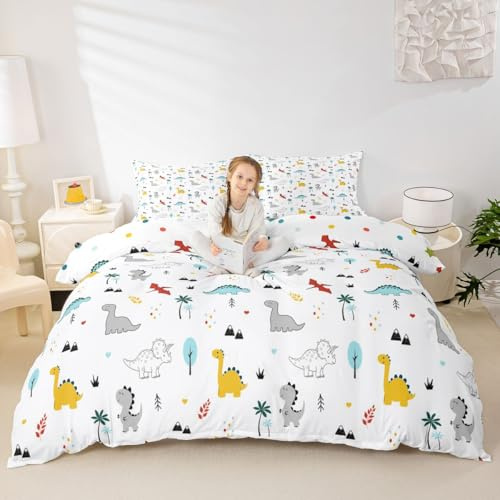Dinosaur Duvet Cover Cute Animal Printed Comforter Cover King Size for Boys Teens Kids Lovely Dinosaur Pattern Bedding Set Girls Women Home Bedroom Decor 3Pcs Soft Reversible Bedclothes, Zipper