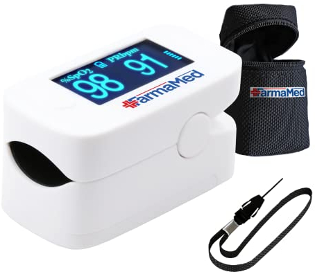 FARMAMED 3 in 1 Saturimetro da dito, Ossimetro, Pulsossimetro professionale per Saturazione Ossigeno, Frequenza Cardiaca e Indice Perfusione, Display OLED XXL ruotabile, Custodia in dotazione, Bianco