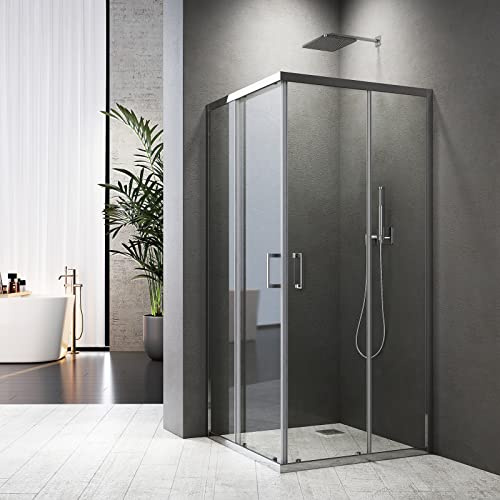 Baode Duschkabine Eckeinstieg 100x100 cm, Doppel Schiebetür Duschabtrennung 6mm ESG Glas, Höhe 185cm Duschtür (Silber)