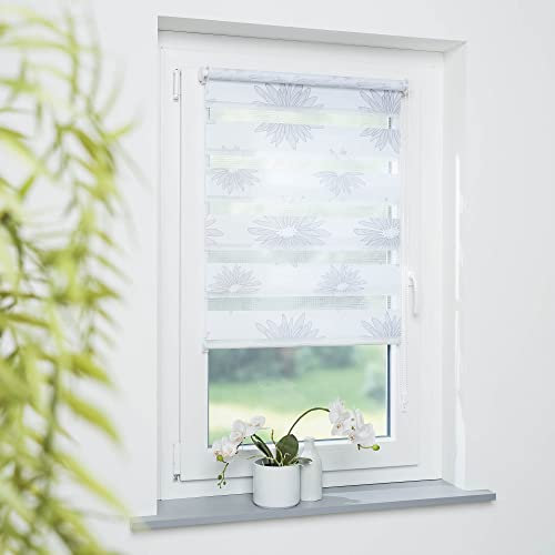 DECOLIA by Garesa Duo Rollo - Doppelrollo Klemmfix ohne Bohren 60 x 210 cm, Weiß/Grau Blüten Motiv - Fenster Sichtschutz und Lichtschutz, Mit Kettenzug