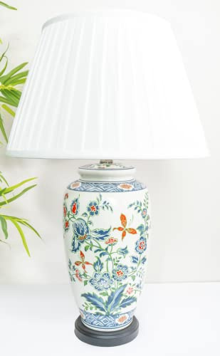 DOWNTON INTERIORS Large Red Green Blue Chinese Oriental Ceramic Porcelain Table Lamp Flora Pattern Overall Height 68cm G2112 (White Pleated Shade)