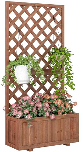 Outsunny Jardinière avec Treillis - bac à Fleurs - lit surélevé de Jardin - dim. 72,5L x 31,5l x 149,5H cm Inserts d'irrigation Inclus Bois de Sapin pré-huilé