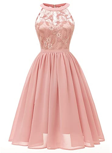 Odizli Robes Élégantes pour Soirée Femmes - Robe de Mariage en Dentelle à Col Bénitier - Robe de Cocktail en Mousseline de Soie, Rose clair, M