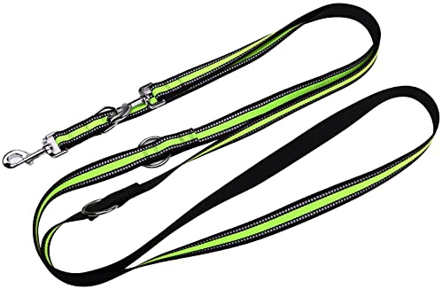 Doppelleine Reflex aus Nylon Hundeleine mehrfach verstellbar mit Reflektorfaden schwarz/hellgrün (4M)