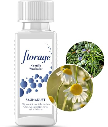 Florage 100ml Saunaaufguss KAMILLE WACHOLDER - 50 Jahre Erfahrung als deutsche Duftmanufaktur, hochergiebiges Aufgussmittel für die Sauna, viele Aufguss Düfte, vegan und ohne Tierversuche