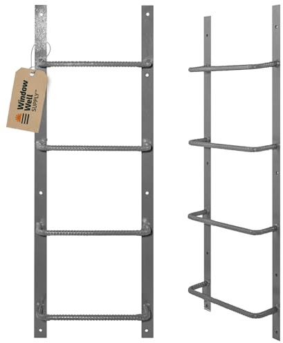 Window Well Steel Ladder for Basement Windows (Gray, 4-Rung) - Heavy Duty Bolt-On Egress Ladder for Home, Easy to Install Wall Mounted Egress Window Well Ladders, Powder Coated Steel Escape Ladders