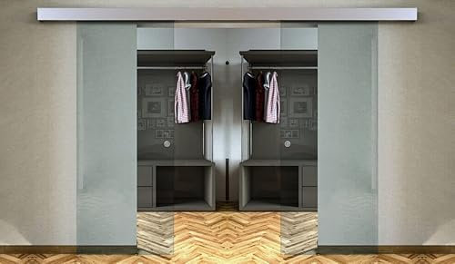 Porta scorrevole doppia anta in vetro a due ante contrapposte con maniglietta inox (60+60 x 210 cm) (VETRO TRASPARENTE)