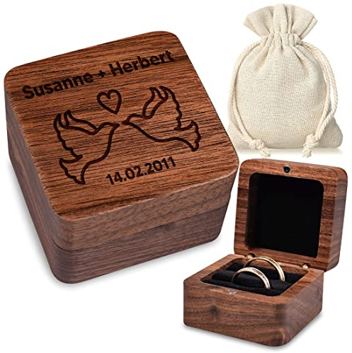 Ringbox Ringschachtel aus Walnussholz mit Wunschgravur - Motiv: Tauben - personalisiert - mit Geschenkbeutel - Schmuck-Etui - Ringe, Eheringe - braune Einlage - Verlobung, Hochzeit, Jubiläum