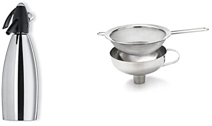 iSi Siphon, Wassersprudler für Sprudelwasser, Schwarz, 8.5 x 8.5 x 31.5 cm & 2714 Sieb & Trichter, Aus hochwertigem & Edelstahl, Direktes Einfüllen in Flaschen, Trichter Edelstahl 750ml, silber