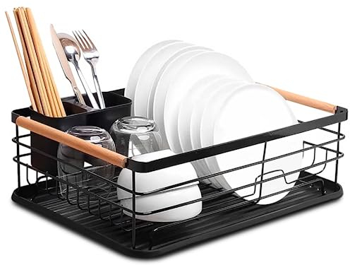 JUPPLIES Escurreplatos de Acero Inoxidable 14,6x37,5x28,5cm con Soporte para Utensilios Extraíble, Portavasos y Estante de Secado de Gran Capacidad - Escurridor de Platos con Bandeja de Goteo (Negro)