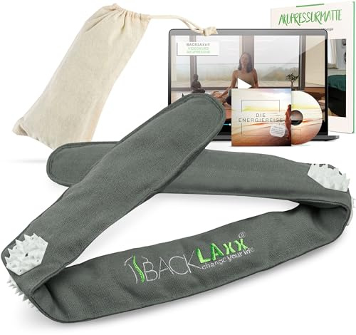BACKLAXX® Akupressur Stirnband mit 230 Nadeln, Akupunktur Kopfband & Tasche | Akupressur Kopfband 70x6x2 cm, verstellbar per Klett (Kopfumfang 51 bis 58 cm), Halbleinen & Baumwolle, inkl. Tasche