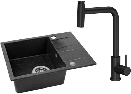 VBChome Spülbecken mit Armatur 56 x 44 cm Schwarz Granit Einzelbecken Einbauspüle Gesprenkelt Reversibel Granitspüle Siphon Waschbecken Schwarz mit Armatur Schwarz Matt