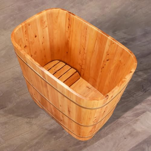MegLob Wooden Free Standing Bathtub Lit for Small Bathroom, Japanese-Style Tradtional Deep Soaking Tub for Adults, Compact Bathtub for Dorm/Spa, Removable Bathtub with Wooden Tub Tray,110cm/43.31in