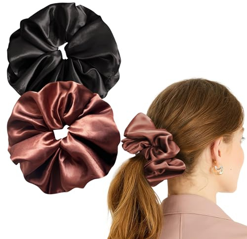 Annauiy 2 Stück XL Haargummis Scrunchies Satin für Damen-19CM Durchmesser | 8CM Extra Großer Blumenstrauß für Damen, Frauen, Mädchen 2 Farben -Schwarz,Rot(XL:8CM）