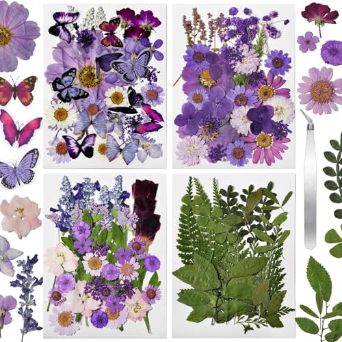 CONVELIFE Fiori secchi per resina, 119 pezzi, fiori pressati naturali rosa con 10 adesivi a farfalla, kit di foglie secche per album di ritagli, biglietti in resina, gioielli, sapone, candele, fai da
