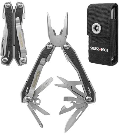Swiss+Tech Multifunktionszange 16-in-1 Multi-Tool Edelstahl Multifunktionale Zange Faltbar Multitool Werkzeug G10-Griff mit Messer Schere Flaschenöffner für Wandern Camping Reparieren mit Tragtasche