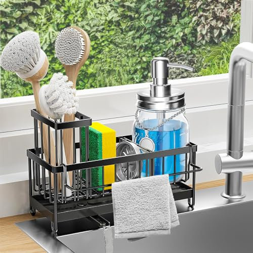 DMJWAN Kitchen Sink Caddy Sponge Organizer, 304 Stainless Steel Holder for Sink,Countertop with Removable Drain Tray with Diversion Drainage.