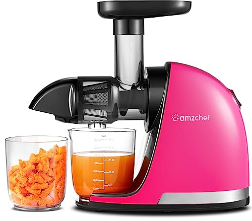 AMZCHEF Licuadora prensado en frío - Extractor de zumos y verduras - Licuadoras para zumos con 2 depósitos y cepillo - Cold press slow juicer machine con función de masticación inversa -